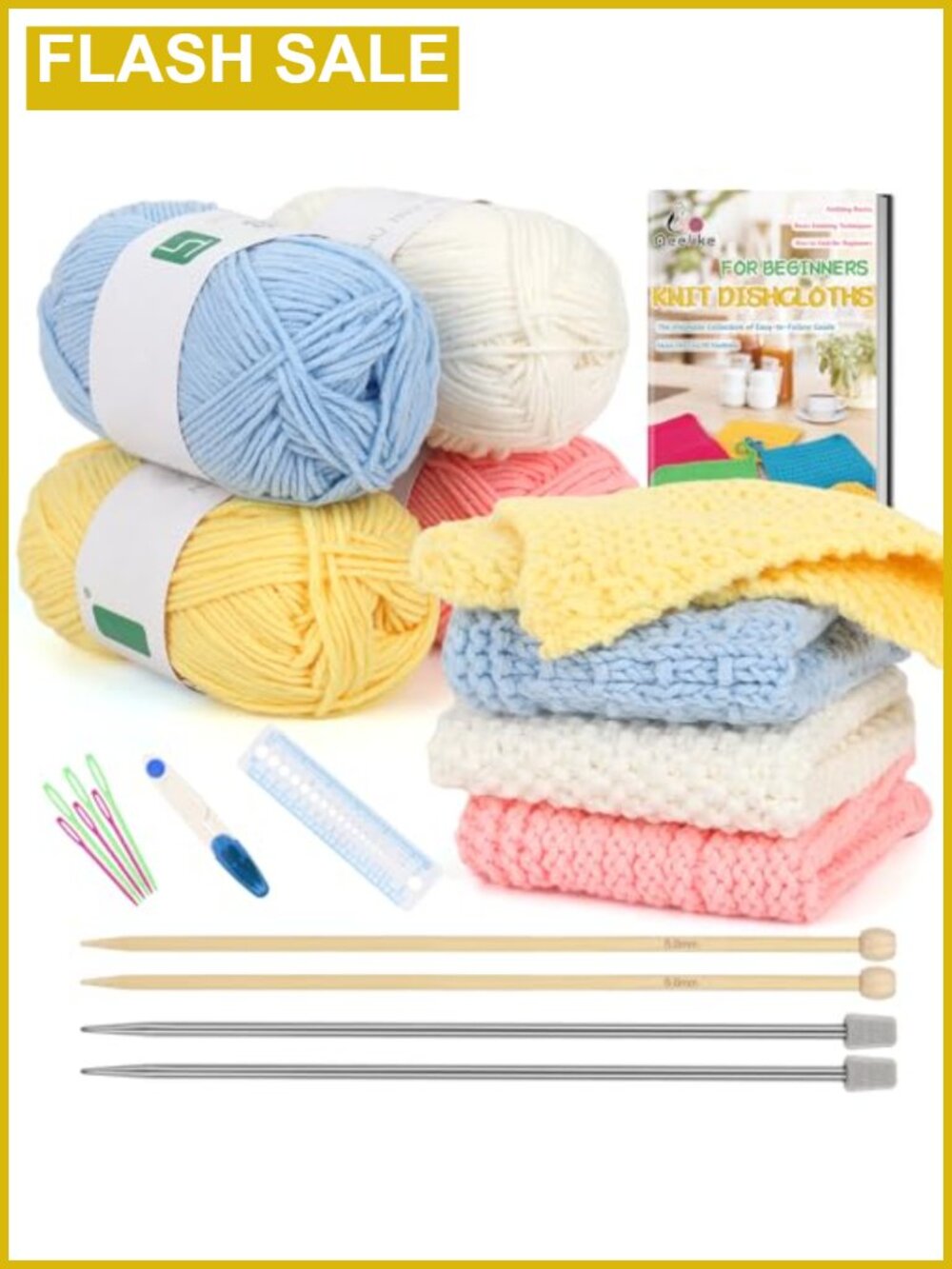 Knitting Kit for Beginners Adults Easy Dishcloth Knit Set with Cotton Yarn